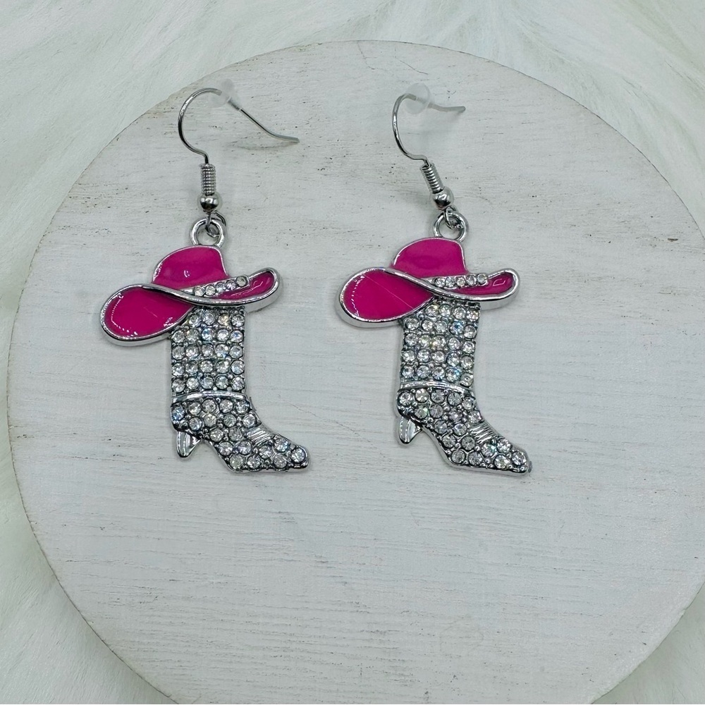 Howdy Rhinestone Boot Earrings- Pink Hat - Picture 3 of 4